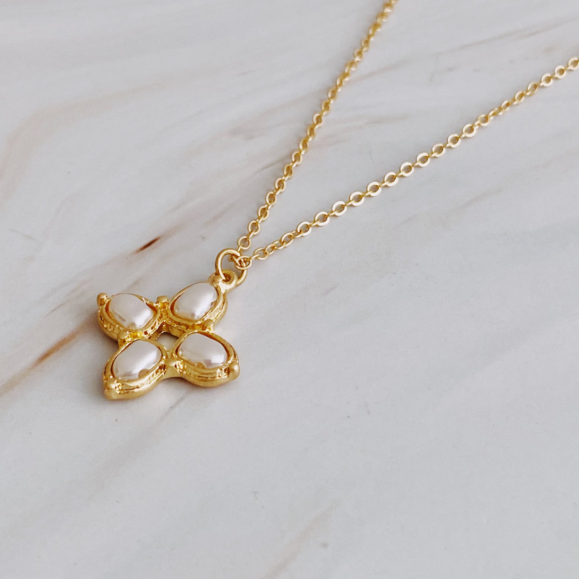 Square Pearl Cross Necklace-0
