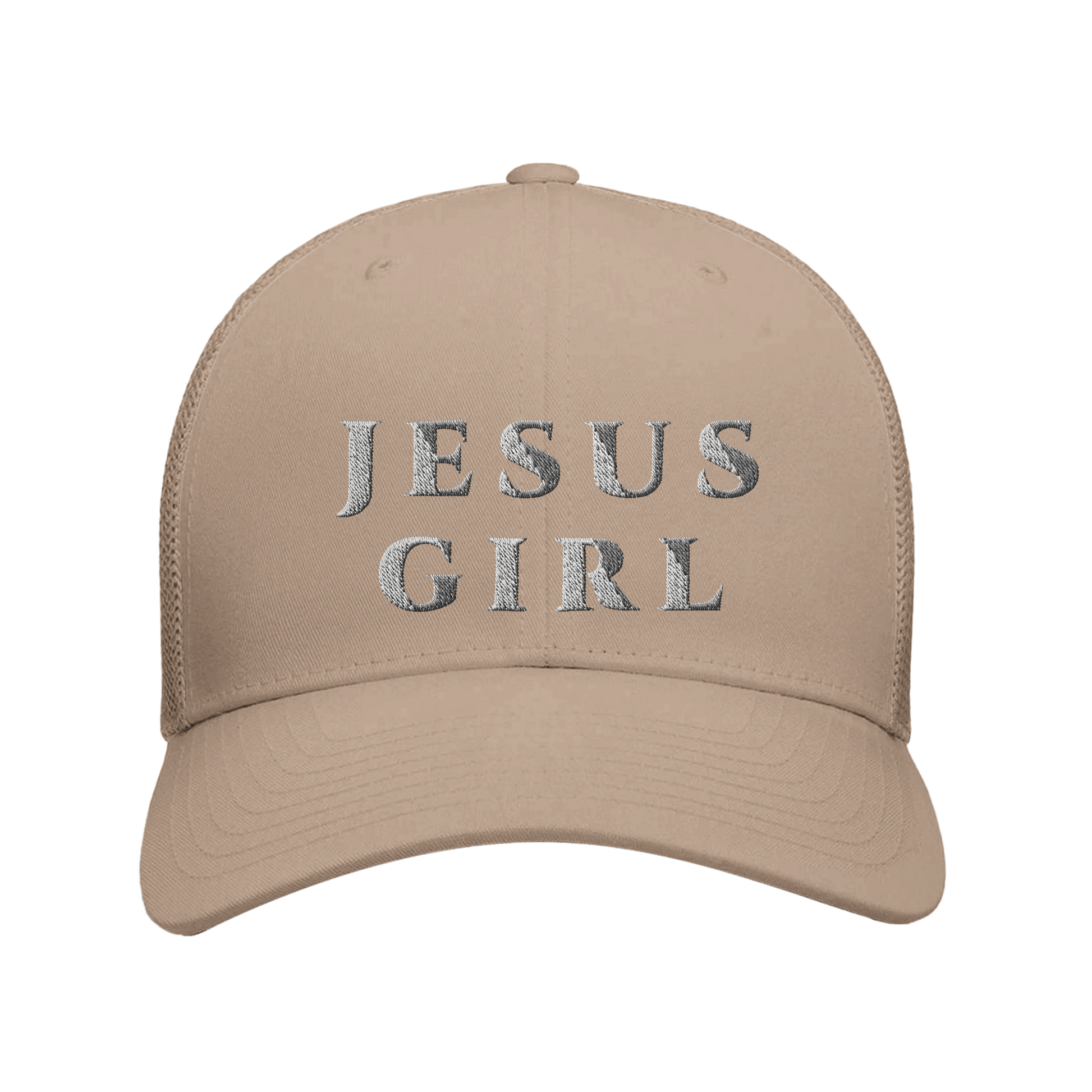 Beige cap with 'JESUS GIRL' text on a white background