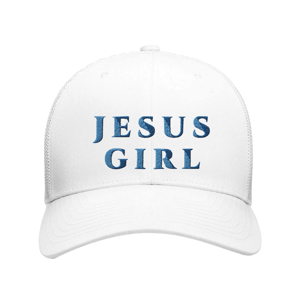 White cap with 'JESUS GIRL' text in blue on a white background
