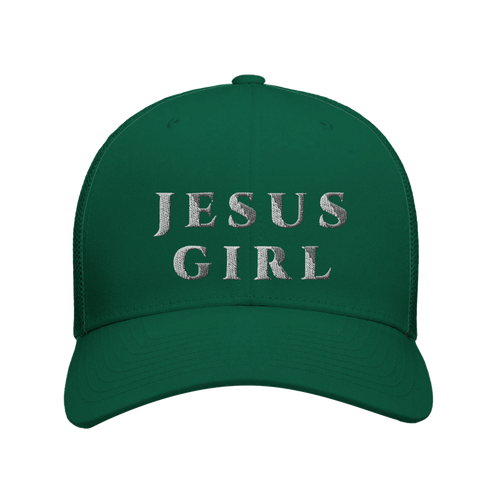 Green cap with 'Jesus Girl' text on a white background