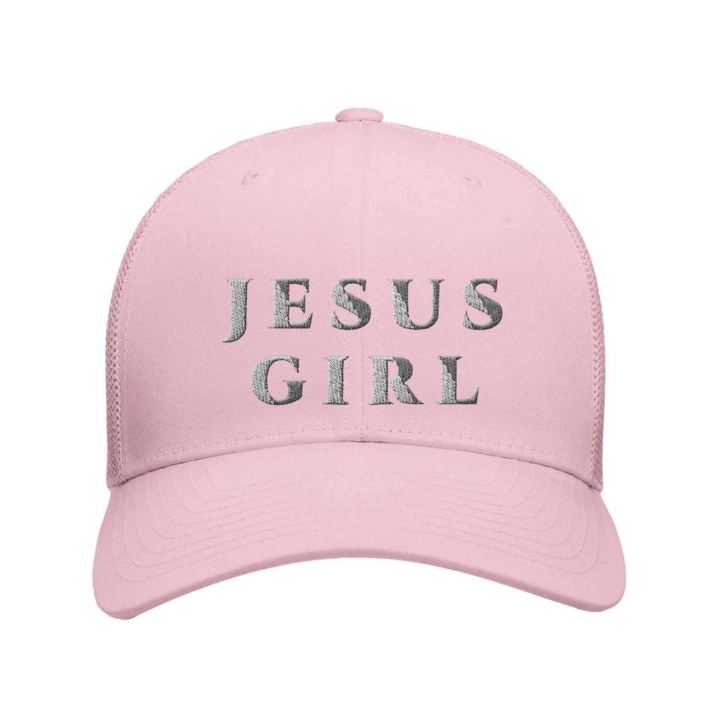 Pink cap with 'Jesus Girl' text on a white background