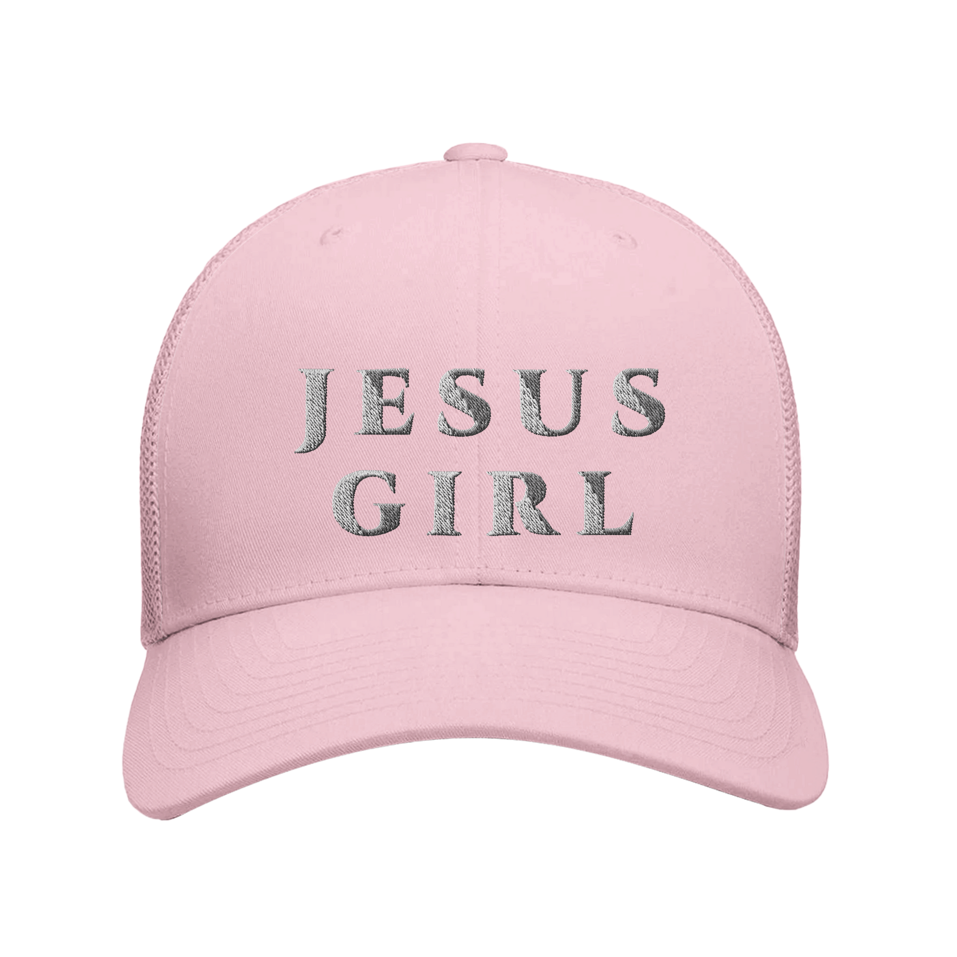 Pink cap with 'Jesus Girl' text on a white background