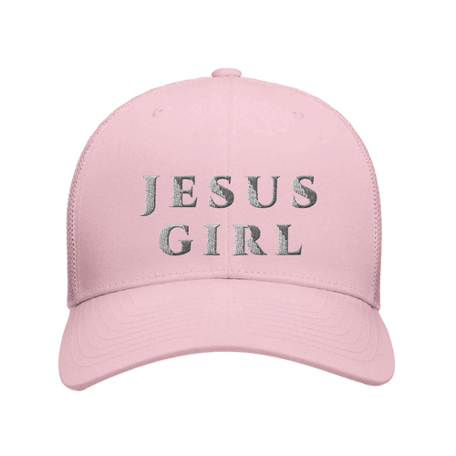 Pink cap with 'Jesus Girl' text on a white background