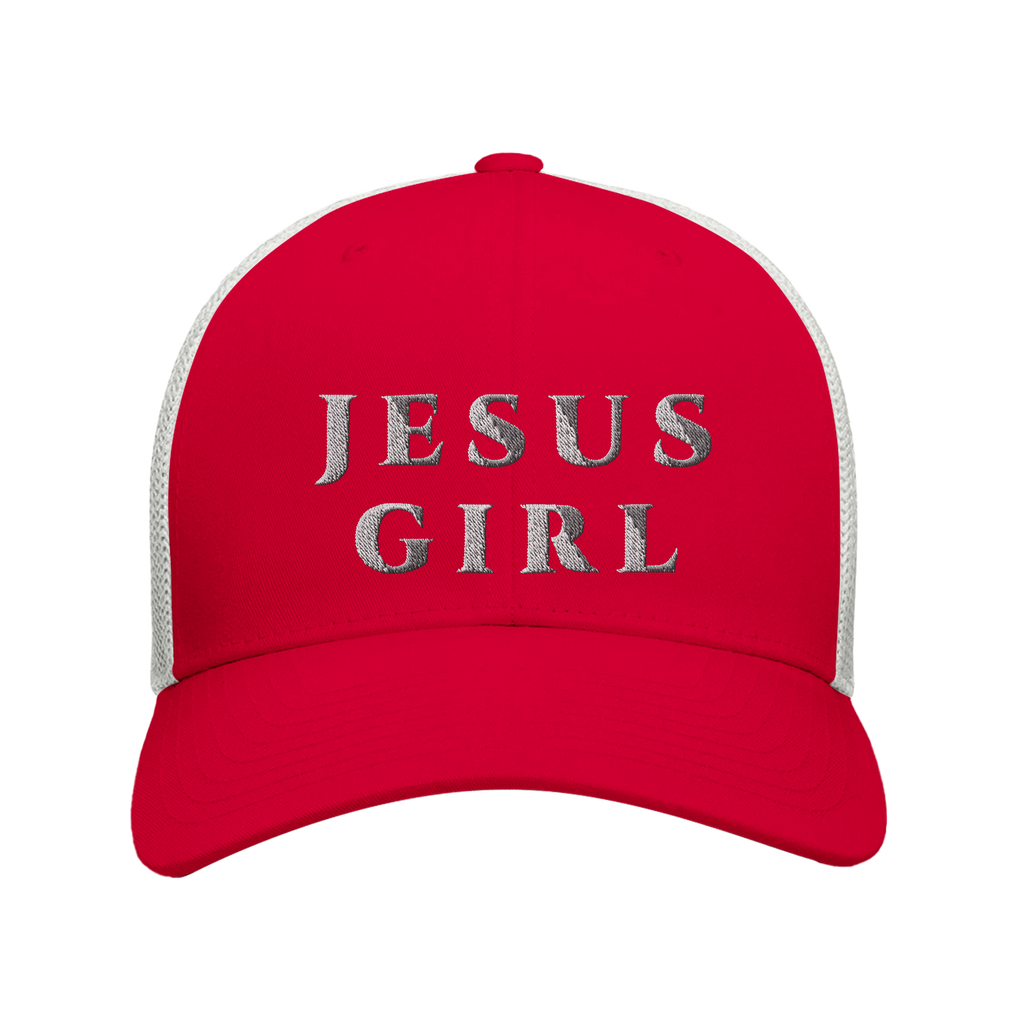 Red cap with 'JESUS GIRL' text on a white background