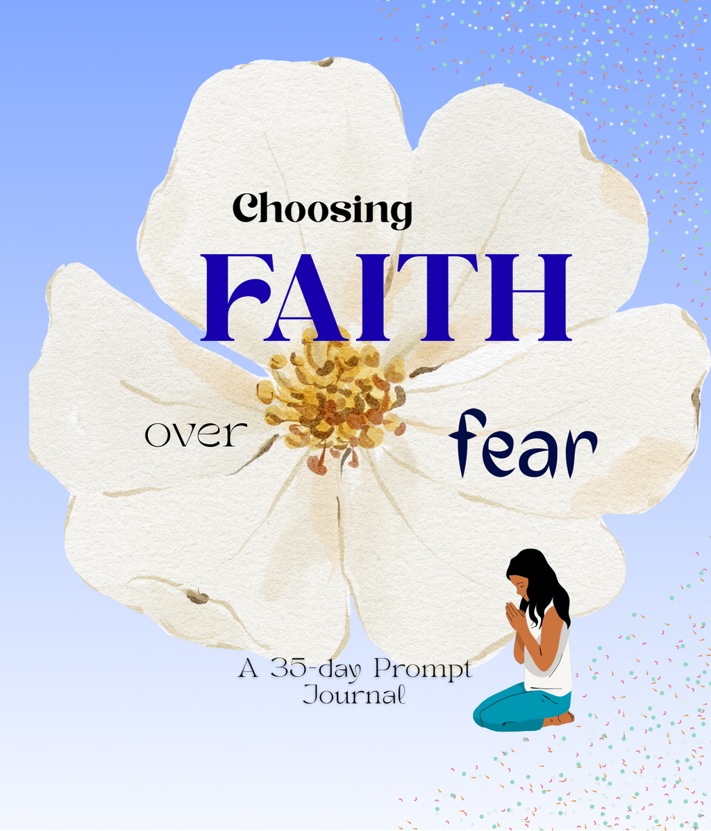Book cover with a white flower and text 'Choosing Faith over Fear' on a blue background